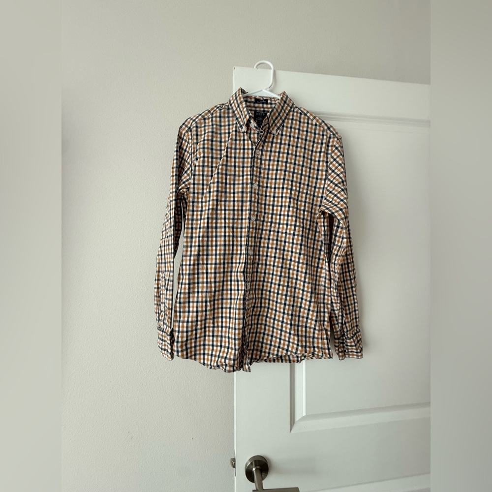 J. Crew Long-Sleeve Plaid Button-Down in Tan & Navy